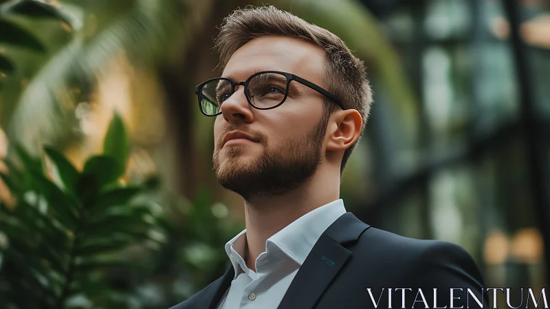 Man in suit with glasses stands near foliage outdoors