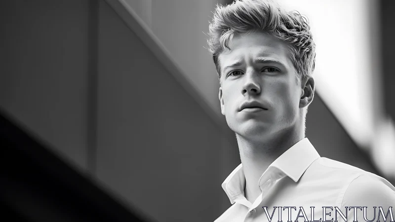 Strong gaze meets soft light in a modern city portrait