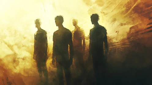 Silhouetted figures in glowing mist walk through golden haze.