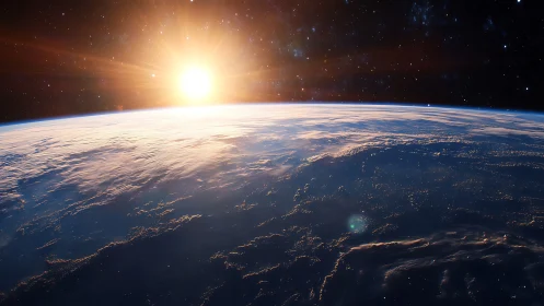 Orbital sunrise over Earth with luminous atmospheric rim.