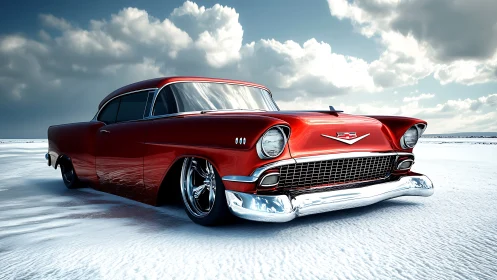 Low-angle view shows custom red classic car on snowy ground