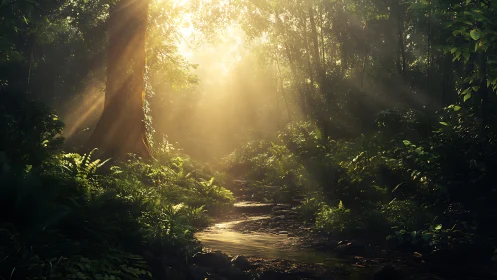 Sunlit Forest Stream Through Ancient Trees.