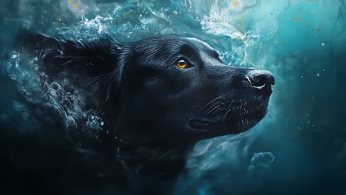Black dog underwater rendered with dynamic aquatic lighting.
