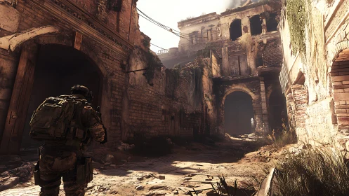 Lone soldier exploring a sunlit, war torn stone alleyway.