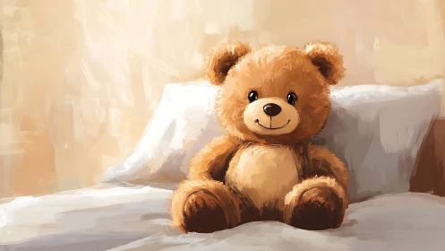 Teddy bear on bed in softly lit room, digital painting.