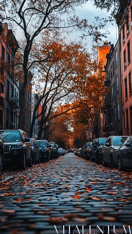 Autumn cobblestone streetscape in low-angle urban perspective.
