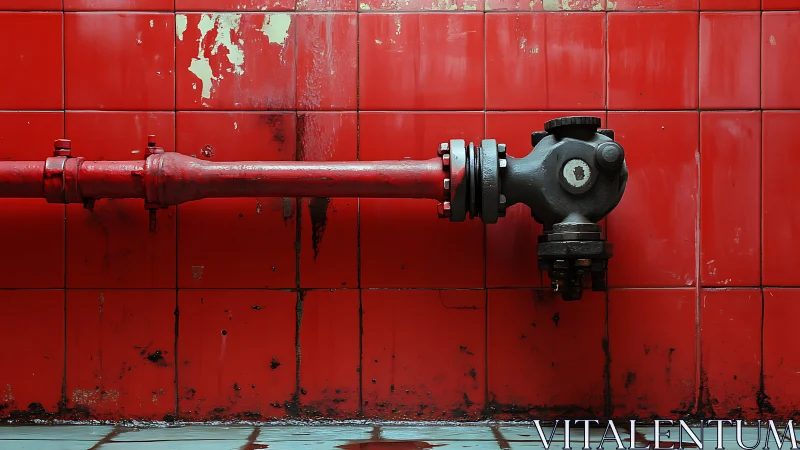 Corroded red hydrant manifold on distressed tiled firewall.