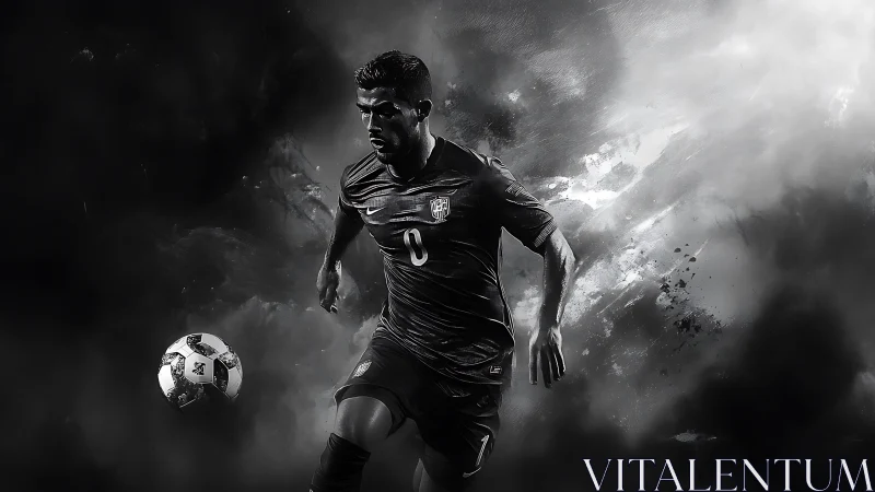 Electric grayscale soccer charge through swirling smoke.