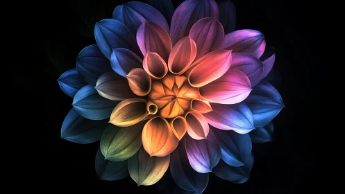 Chromatic Bloom: Digital Dahlia Drenched in Rainbow Fire.