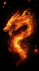 Blazing fire dragon coils through a star-speckled void.