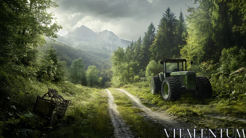 Rural forest trail with parked tractor under diffused mountain light