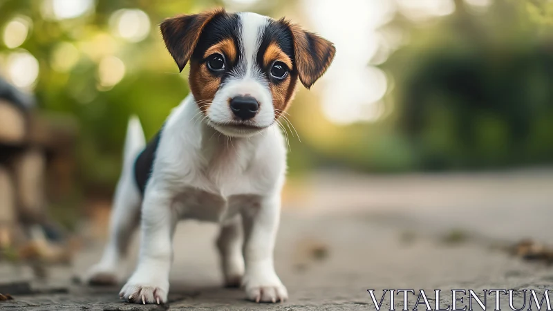 Small tricolor puppy standing on outdoor path in focus.