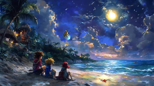 Moonlit island dreamers watch a glowing skyborne visitor.