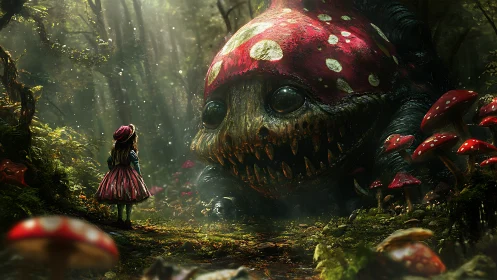 Girl confronts monstrous mushroom creature in enchanted forest.