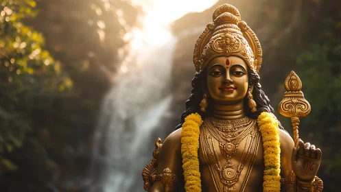 Golden Hindu deity statue before waterfall in forest setting.