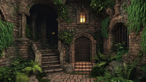 Stone passage and wooden door in overgrown courtyard.