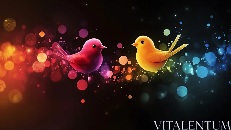 Two vibrant birds emerge from swirling color gradients.