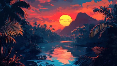 Tropical river sunset with bold red sky and palm silhouettes.