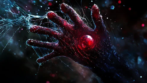 Bio-luminescent hand grips red energy core amid liquid filament network