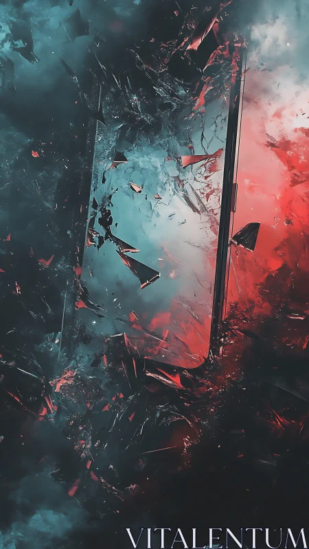 Smartphone amid fractured glass and red blue vapor field.