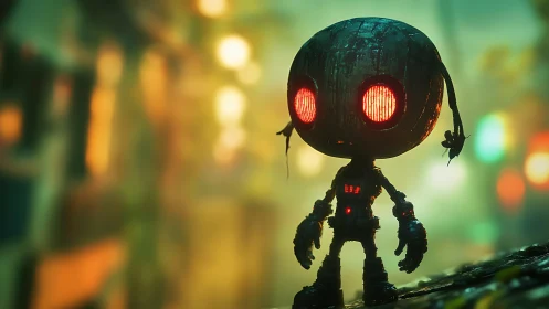 Small weathered robot with emissive red eyes in neon bokeh alley