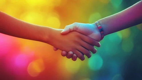 Two hands are shown in a handshake against a colored backdrop