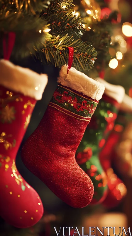 Crimson stockings lean into twinkling evergreen whispers