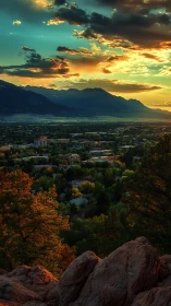 Sunset over valley town with mountains and glowing clouds.