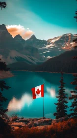 Canadian flag by turquoise mountain lake at sunset.