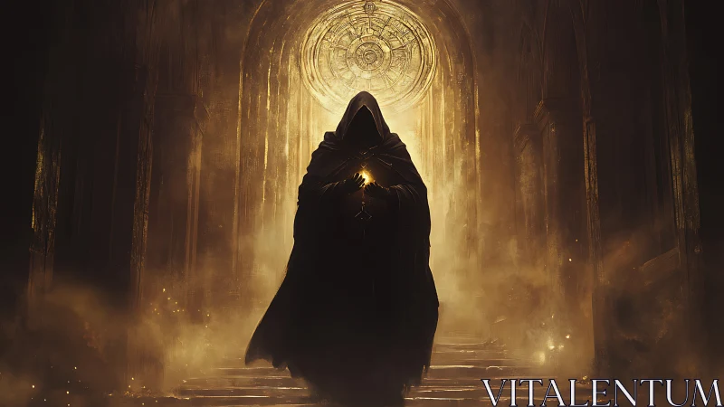 Cloaked figure ascends cathedral steps under radiant sigil portal