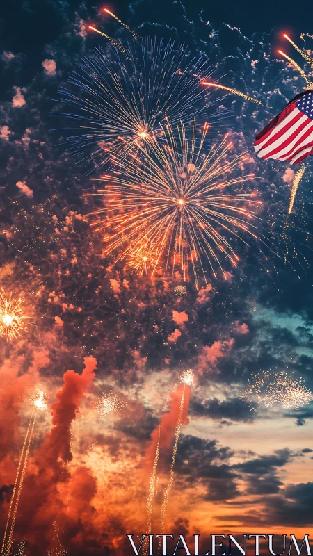 Sky-bursting fireworks salute beside a bold striped banner.