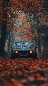 Vintage BMW sedan with warm headlights in foggy autumn forest road