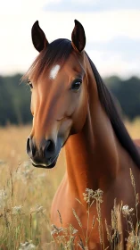 Bay horse portrait in summer meadow with shallow depth of field