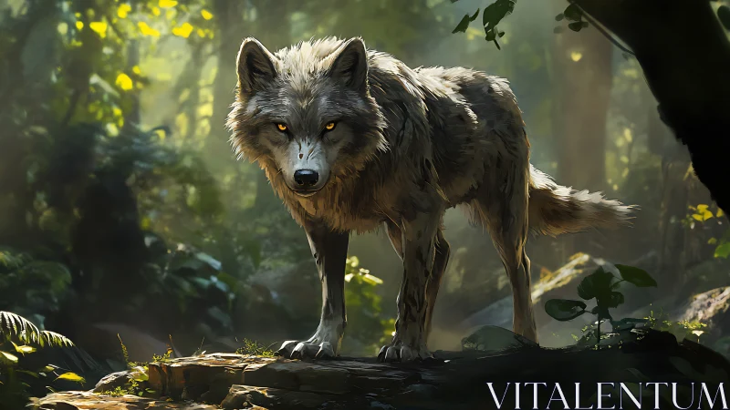 Forest sentinel wolf drenched in shafts of wild morning light.