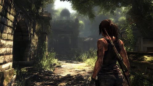 Heavily armed explorer in sunlit overgrown stone ruins