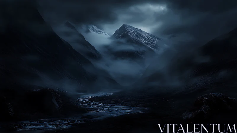 Midnight mountain valley shrouded in mist and cold river.