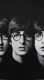 Monochrome triptych portrait with mirrored central focus.