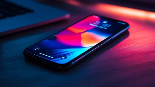 Smartphone displaying gradient interface under directional neon lighting