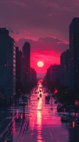 Neon dusk river down a rain-slicked cyber city avenue.