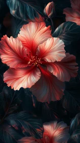 Crimson hibiscus bloom glows against deep teal foliage