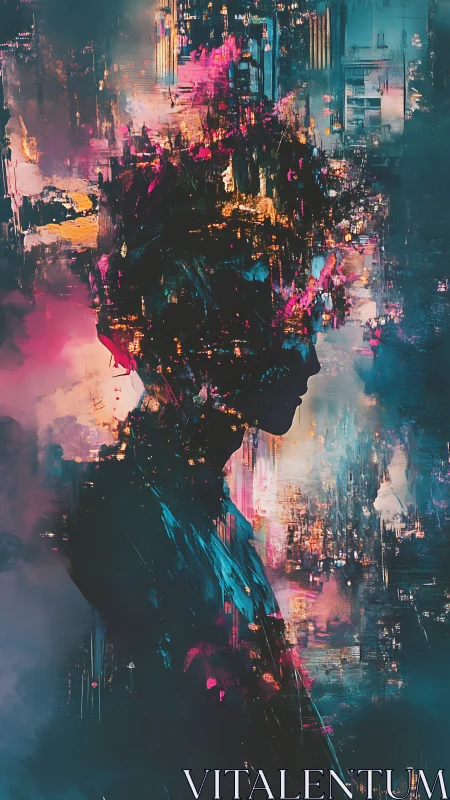 Neon cyber silhouette dissolving into abstract city lights.