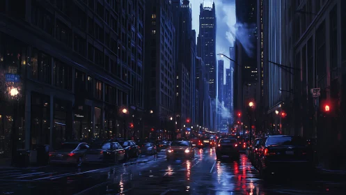 Moody rainy night traffic in dense downtown city street.