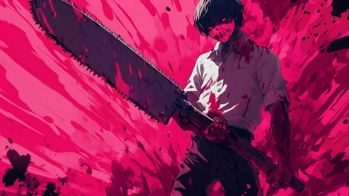 Blood-soaked anime boy wielding oversized chainsaw weapon
