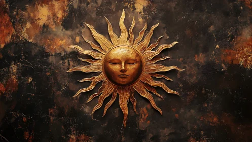 Golden sun face sculpture glows against distressed dark wall