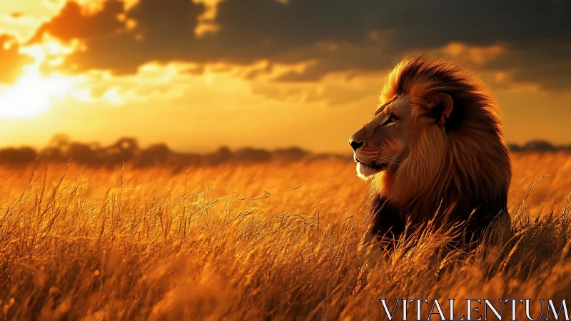Golden hour lion portrait in glowing savannah grassland.