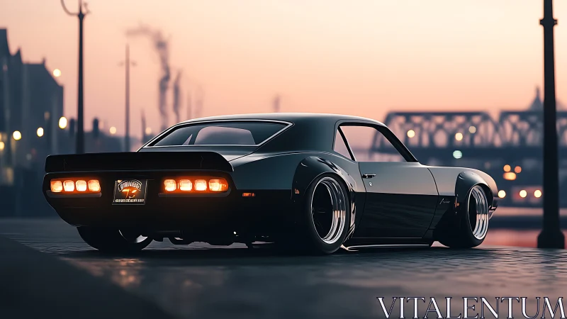 Twilight cityscape framing lowered muscle car profile beautifully.