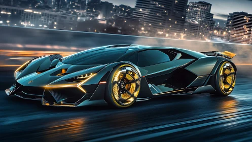 Cyberpunk hypercar render with neon rim highlights at speed.