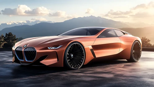 Photorealistic copper BMW concept coupe with aerodynamic profiling.