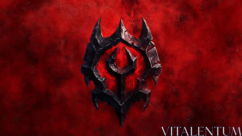 Dark fractured emblem over burning red grunge field.