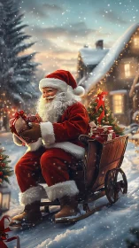 Santa pauses on a snowy lane, sharing quiet Christmas cheer.